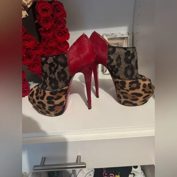 Christian Louboutin Leopard Print/Red Pony Hair and Black Lace Aeronotoc Booties - Picture 8 of 12